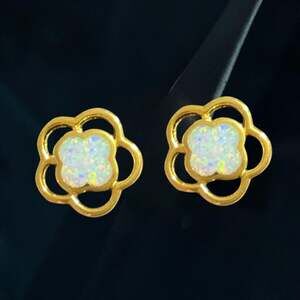 Gold 925 Silver Earrings with Created Opal Gold Plating Flower Stud Earrings